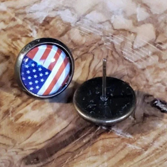 American Flag USA United States Antiqued Brass Stud Patriotic Handcrafted Earrin - Picture 6 of 7